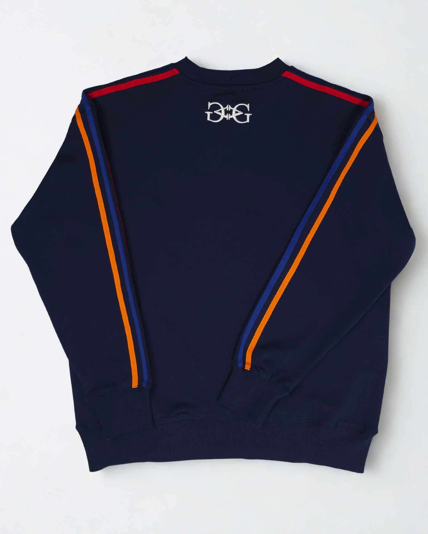 Oversized Cotton Sweater with Tricolor Stripes & 3D Embroidery - Dark Blue