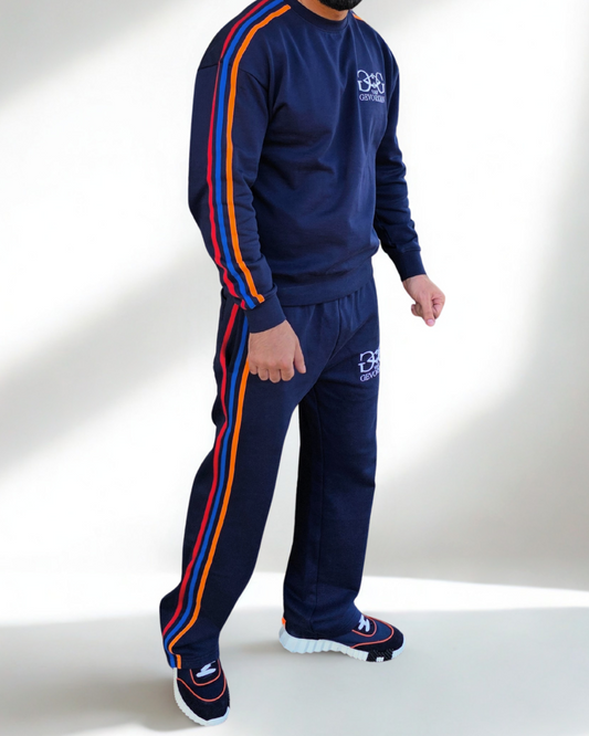 Oversized Cotton Sweater with Tricolor Stripes & 3D Embroidery - Dark Blue