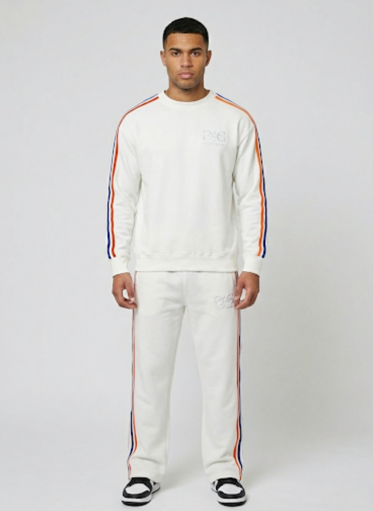 Oversized Cotton Pants with Tricolor Stripes & 3D Embroidery - Antique White