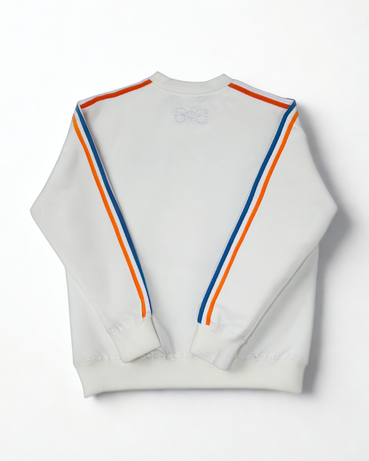 Oversized Cotton Sweater with Tricolor Stripes & 3D Embroidery - Antique White