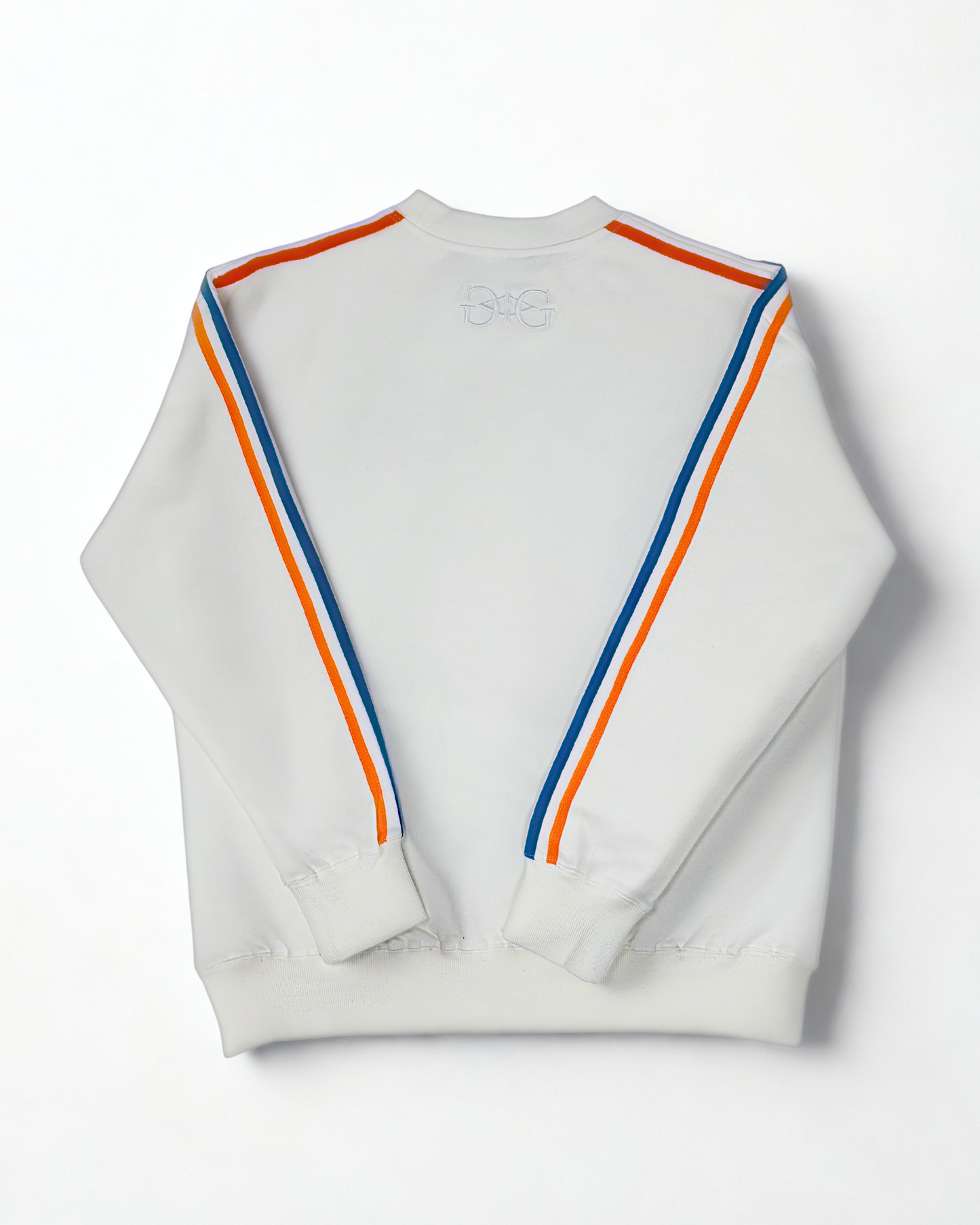 Oversized Cotton Sweater with Tricolor Stripes & 3D Embroidery - Antique White