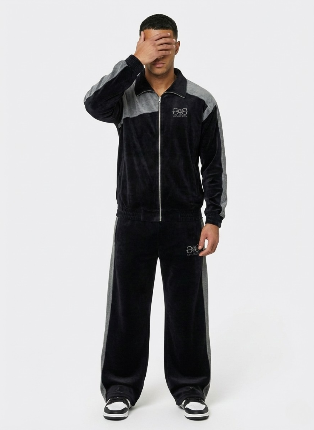 VG "Shadow" Oversized Unisex Velour Tracksuit – Black & Heather Grey