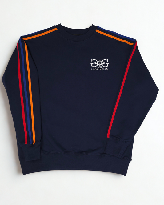 Oversized Cotton Sweater with Tricolor Stripes & 3D Embroidery - Dark Blue