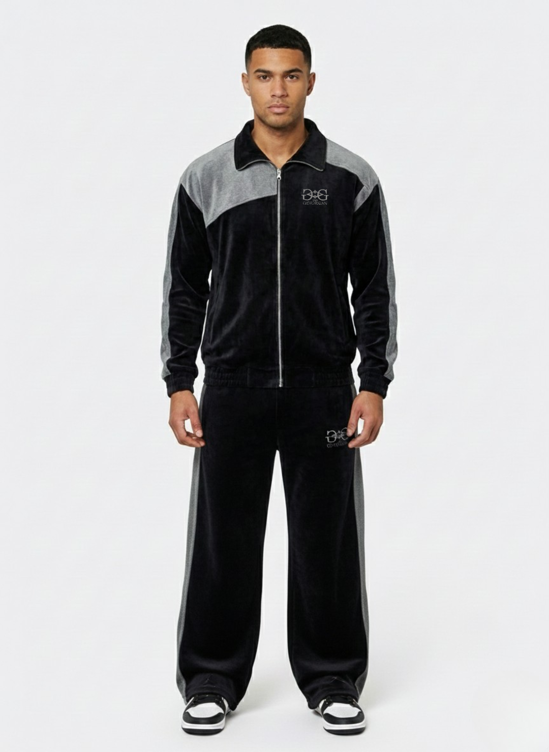 VG "Shadow" Oversized Unisex Velour Tracksuit – Black & Heather Grey