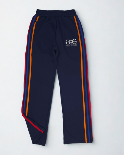 Oversized Cotton Pants with Tricolor Stripes & 3D Embroidery - Dark Blue