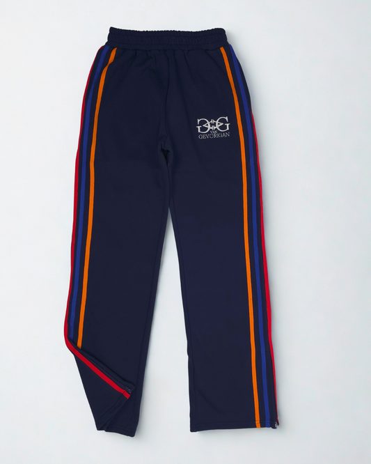 Oversized Cotton Pants with Tricolor Stripes & 3D Embroidery - Dark Blue