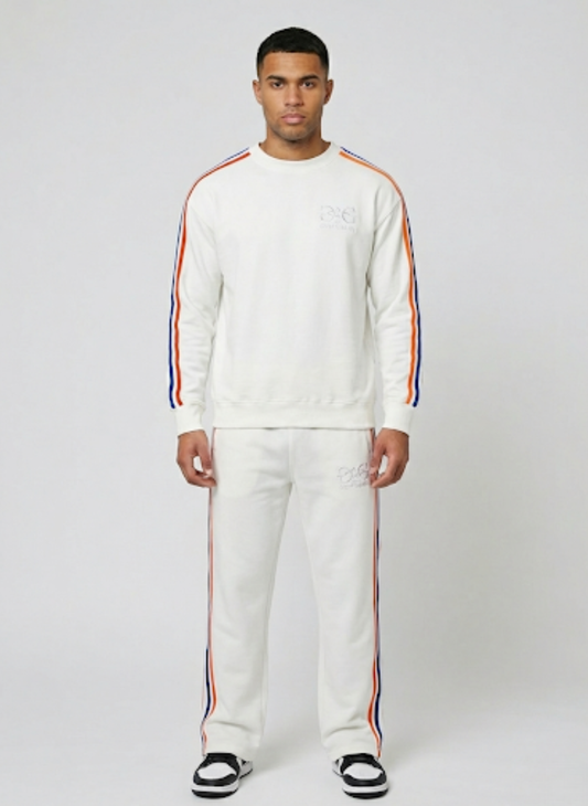 Oversized Cotton Sweater with Tricolor Stripes & 3D Embroidery - Antique White