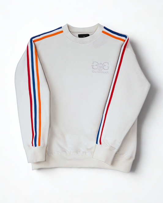 Oversized Cotton Sweater with Tricolor Stripes & 3D Embroidery - Antique White