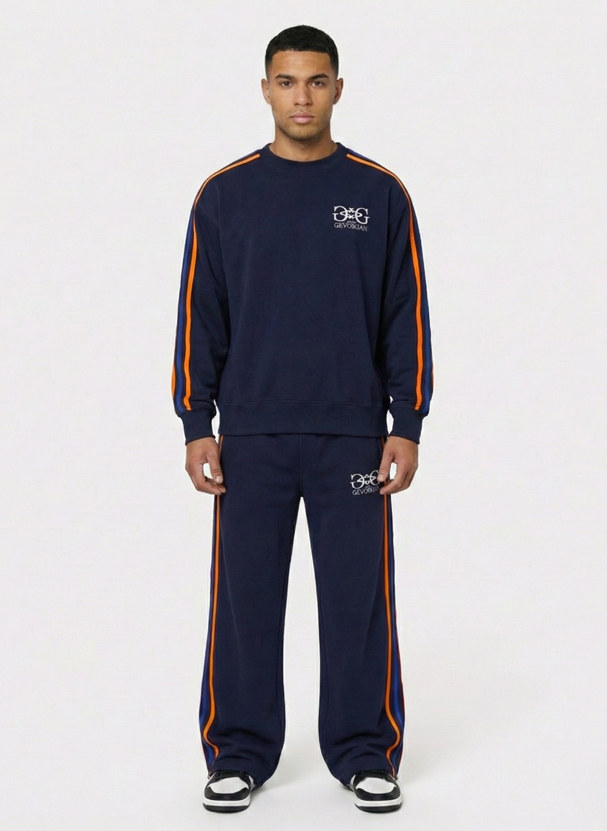 Oversized Cotton Sweater with Tricolor Stripes & 3D Embroidery - Dark Blue