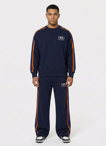 Oversized Cotton Sweater with Tricolor Stripes & 3D Embroidery - Dark Blue