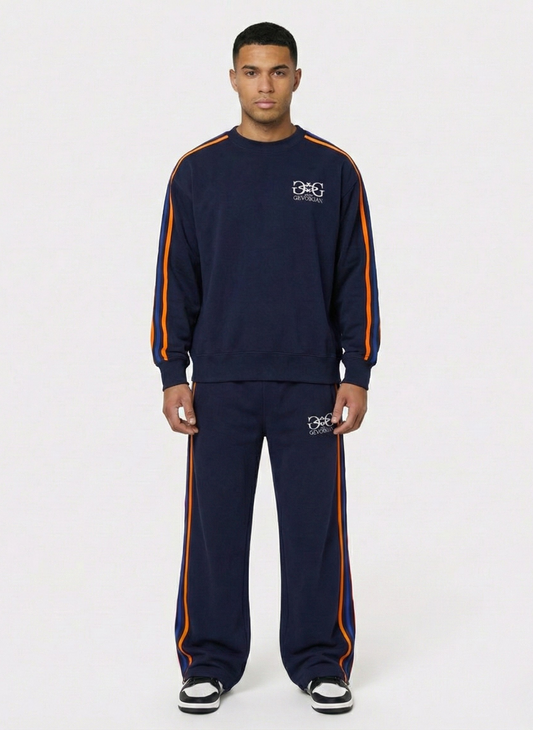 Oversized Cotton Pants with Tricolor Stripes & 3D Embroidery - Dark Blue