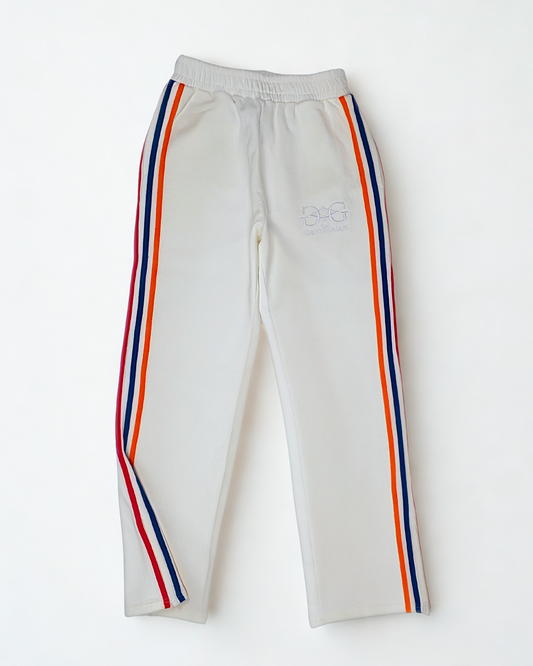 Oversized Cotton Pants with Tricolor Stripes & 3D Embroidery - Antique White