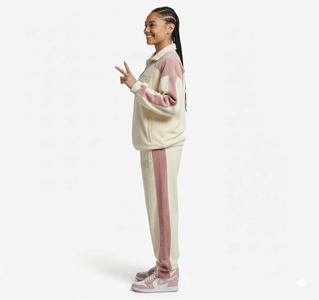 VG "Cloudy" Oversized Unisex Velour Tracksuit – Milk White & Dusty Rose