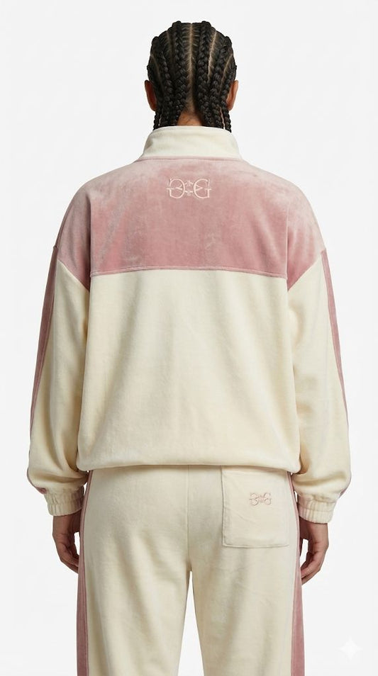 VG "Cloudy" Oversized Unisex Velour Tracksuit – Milk White & Dusty Rose